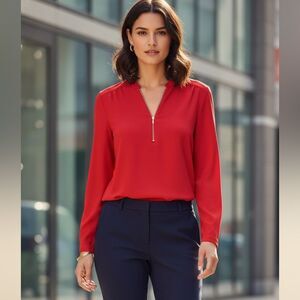 Take 50% OFF- Dex Women's Red Front Zip-Up Blouse, Size-1X